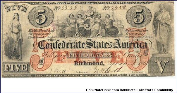 Type 31 Confederate $5 note. Banknote