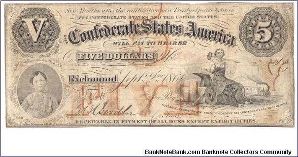 Type 32 Confederate $5 note. Banknote