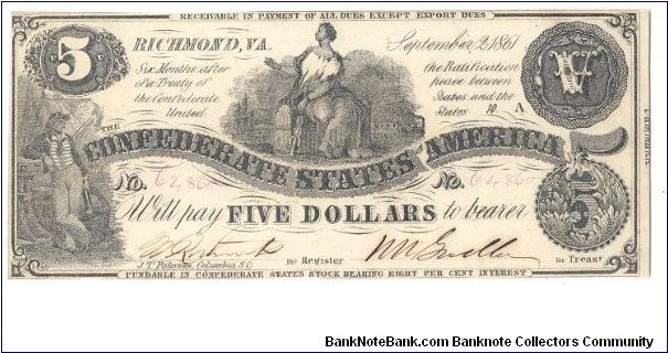 Type 36 Confederate $5 note. Banknote