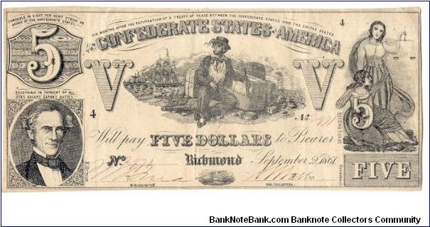 Type 37 Confederate $5 note. Banknote