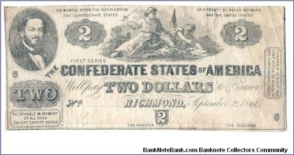 Type 38 Confederate $2 note. (Printer's error: Date should be June 2, 1862.) Banknote