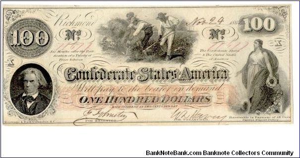 Type 41 Confederate $100 Interest Bearing note. Banknote