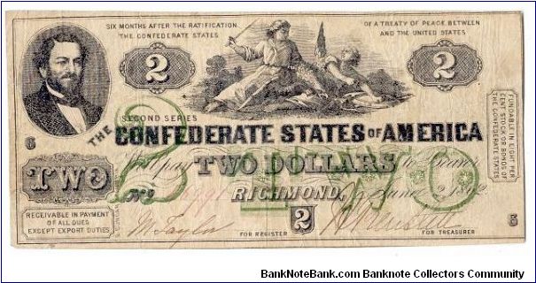 Type 43 Confederate $2 note. Banknote