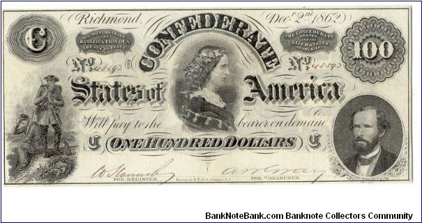 Type 49 Confederate $100 note. Banknote