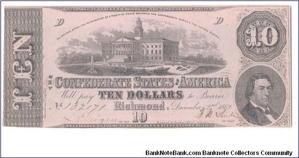 Type 52 Confederate $10 note. Banknote