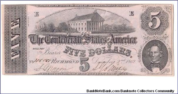 Type 53 Confederate $5 note. Banknote