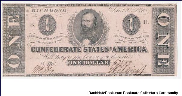 Type 55 Confederate $1 note. Banknote