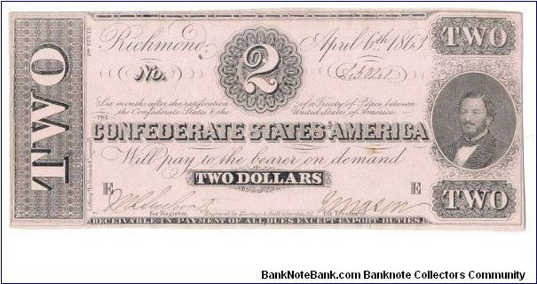 Type 61 Confederate $2 note. Banknote