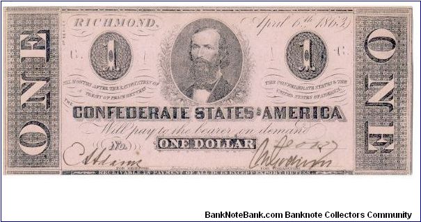 Type 62 Confederate $1 note. Banknote