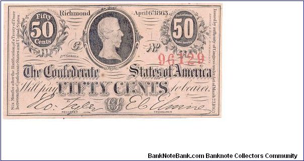 Type 63 Confederate 50 Cent note. Banknote