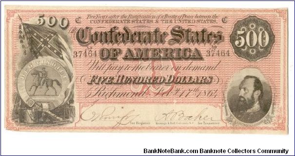 Type 64 Confederate $500 note. Banknote