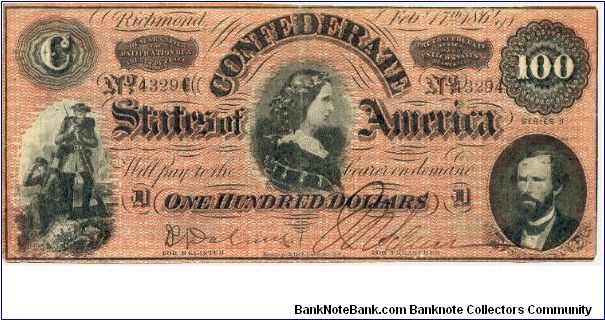 Type 65 Confederate $100 note. (Dark Red overprint.) Banknote