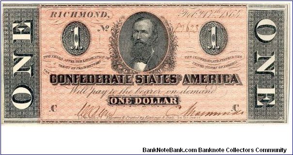 Type 71 Confederate $1 note. Banknote