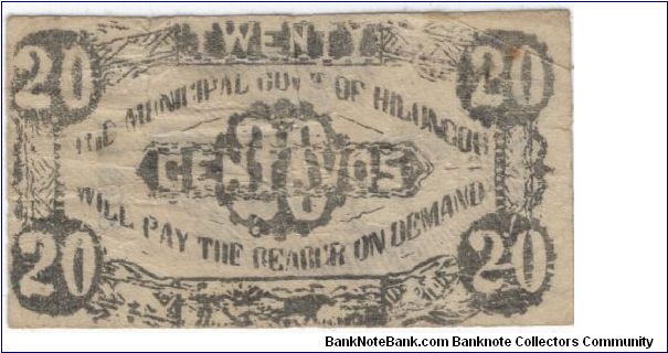 LEY-153 Leyte 20 Centavos note without purple overprint. Banknote