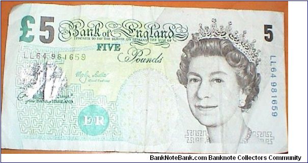 5 Pounds. Elizabeth Fry. Merlyn Lowther signature. LL column series. Banknote