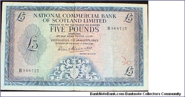 5 Pounds. National Commercial Bank. Edinburgh Castle & National Gallery. Banknote