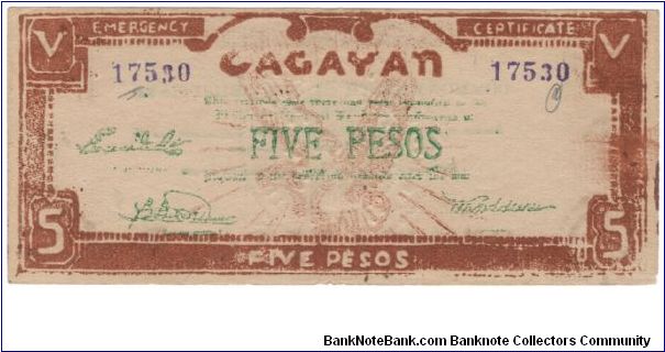 S-191a Cagayan 5 Peso note, 4th issue. Banknote