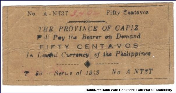 S-201a Province of Capiz 50 Centavos note. Banknote