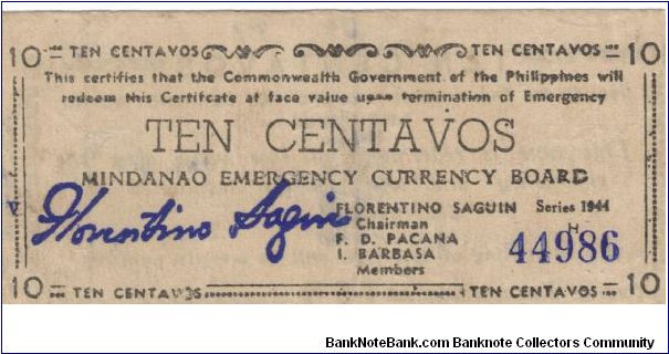 S-512a Mindinao 10 Centavos note. Banknote