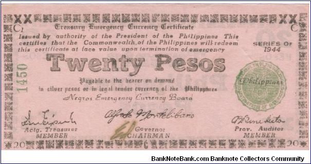 S-679 Negros 20 Peso note, pink paper. Banknote