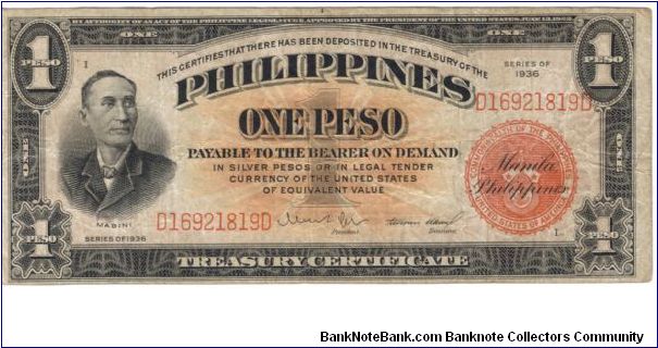 PI-81 Philippine 1 Peso note. Banknote