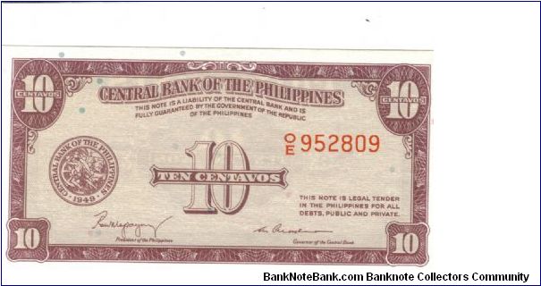 PI-126 Philippines 10 centavos note. Banknote