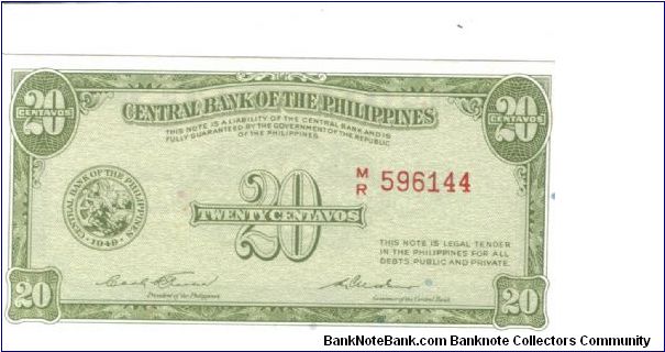 PI-127 Philippines 20 centavos note. Banknote