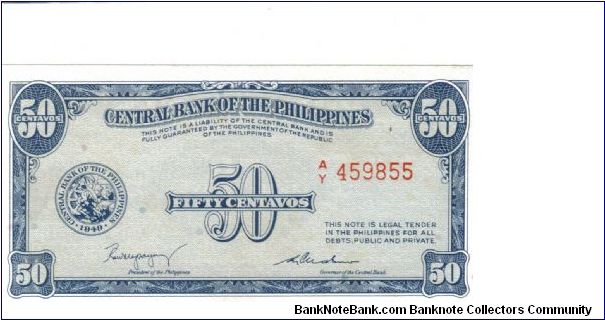 PI-128 Philippines 50 centavos note. Banknote