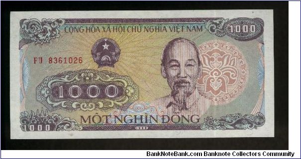 1,000 Dong.

Ho Chi Minh at center right on face; elephant logging at center on back.

Pick #106 Banknote
