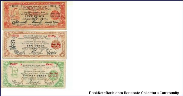 Iloilo sland.Emergency guerrilla money.
President Quezon set up temporary headquarters in Iloilo early in 1942.
These notes picture Roosevelt, general MacArther, and president Quezon.
They were printed on any paper available, including grocery bags Banknote