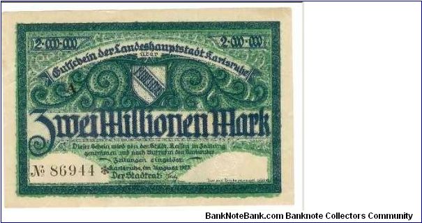 German Notgeld, ihave not seen this one for sale.
Not sure of rarity.



Karlsruhe (Landeshauptstadt) K-2582a 2 Million mark (1923) obv

Karlsruhe (Landeshauptstadt) K-2582a 2 Million mark (1923) rvs. Banknote