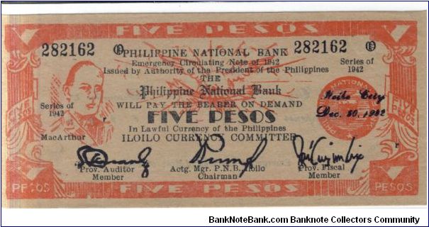 S-316, Iloilo Philippine National Bank 5 Peso MacArthur note. Banknote