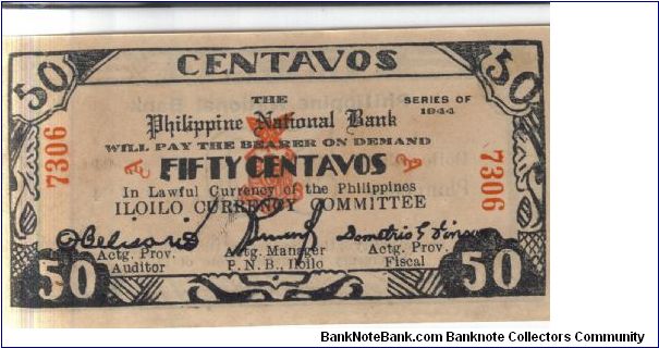 S-338, Iloilo Philippine National Bank 50 centavos note. Banknote