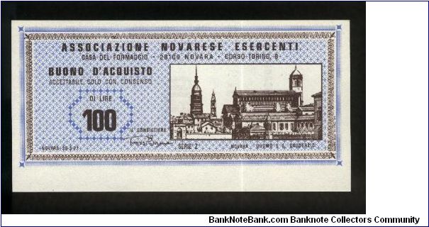 100 Lire.

Mini-assegni (Notgeld).

Issued by Associazione Novarese Esercenti, Novara.

Pick #Not Reported. Banknote
