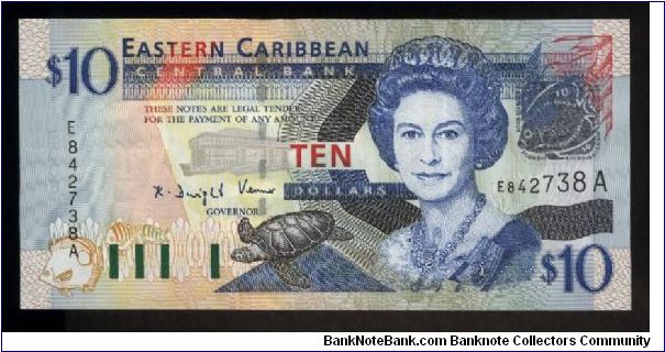 10 Dollars.

East Caribbean States (Antigua).

Queen Elizabeth II at right, turtle at lower center, gree-throated carib at top left on face; Admiralty Bay in St. Vincent and Grenadines at left, sailing ship Warspite and brown pelican at right center on back.

Pick #43a Banknote