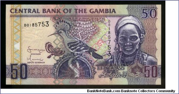 50 Dalasis.

Hoopoe birds at center, woman at right on face; stone circles at Wassu on back.

Pick #New Banknote