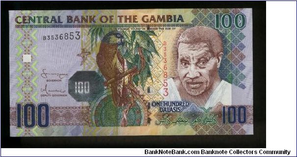 100 Dalasis.

Parrot at center, man at right on face; Arch 22 monument in Banjul on back.

Pick #New Banknote