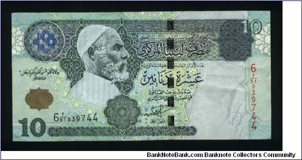 10 Dinars.

Omar el-Mukhtar at left center on face; large crowd before hilltop fortress at center on back.

Pick #66 Banknote