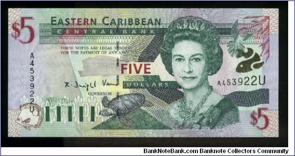 5 Dollars.

East Caribbean States (Anguilla).

Queen Elizabeth II at center right, turtle at lower center, green-throated carib at top left on face; Admiral's House in Antigua and Barbuda at left, Trafalgar Falls in Dominica at right on back.

Pick#37g Banknote