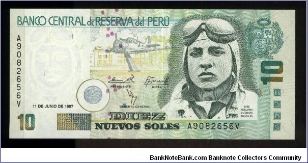 10 Nuevos Soles.

World War II era fighter plane as monument at upper center, José Abelardo Quinones at right on face; biplane inverted (signifying pilot's death) at left center on back.

Pick #166 Banknote