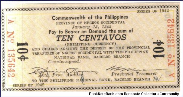 S-631, Negros Occidental 10 centavos note Banknote