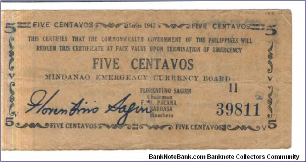 S-491, Mindanao Emergency Currency Board 5 centavos note. Banknote