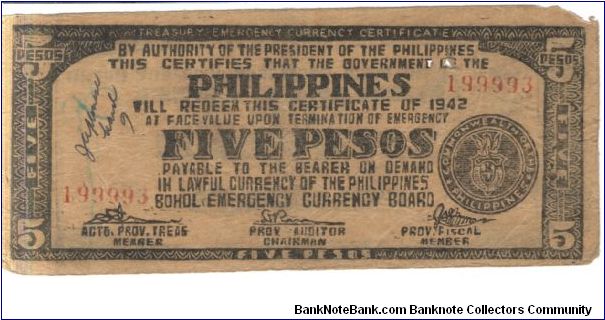 S143c Rare Bohol 5 Peso note, Illegal Issue. Banknote