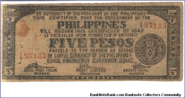 S143a Rare Bohol 5 Peso note, Illegal Issue. Banknote