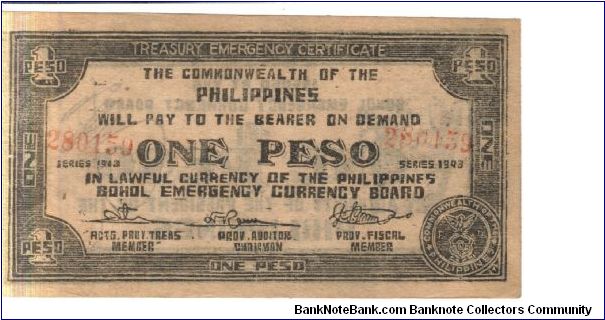 S145a Rare Bohol 1 Peso note. Illegal Issue, Very scarce. Banknote