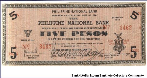 S613 Negros Occidental 5 Pesos note. Black on orange underprint. Banknote