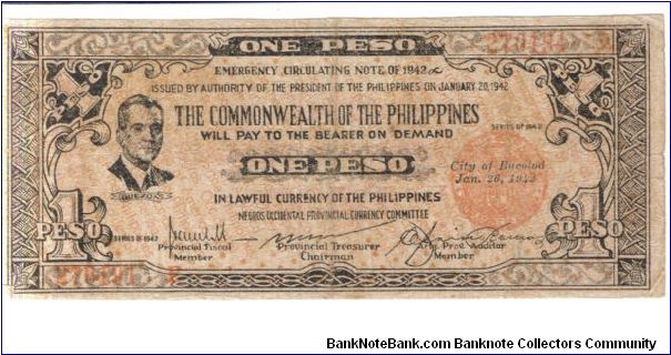 S646b Negros Occidental 1 Peso note. Black on orange underprint, back red, bond paper. Pesos on back facing out. Banknote