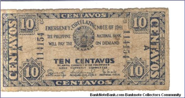 S302 Iloilo 10 centavos note, blue print on white paper. Banknote