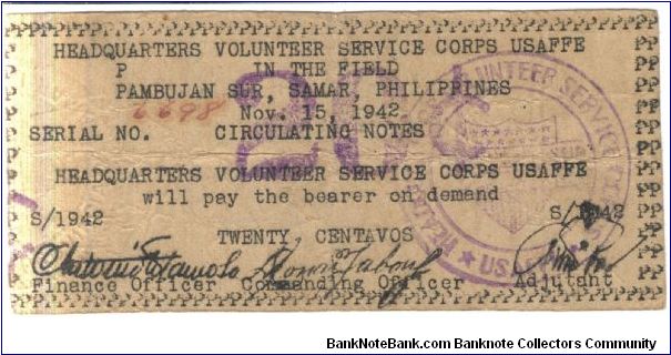 SMR633 Pambujan Sur, Samar Headquarters Volunteer Service Corps USAFFE in the field 20 centavos note. Banknote