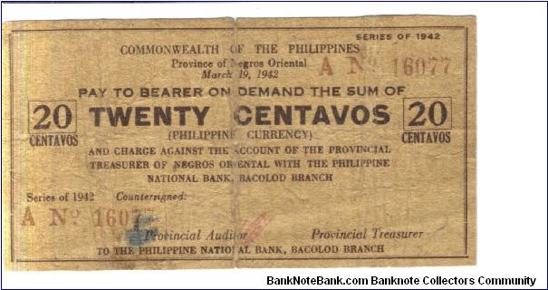 S653 Negros Oriental 20 centavos note. Dark brown print, manila paper, green print on back. Banknote
